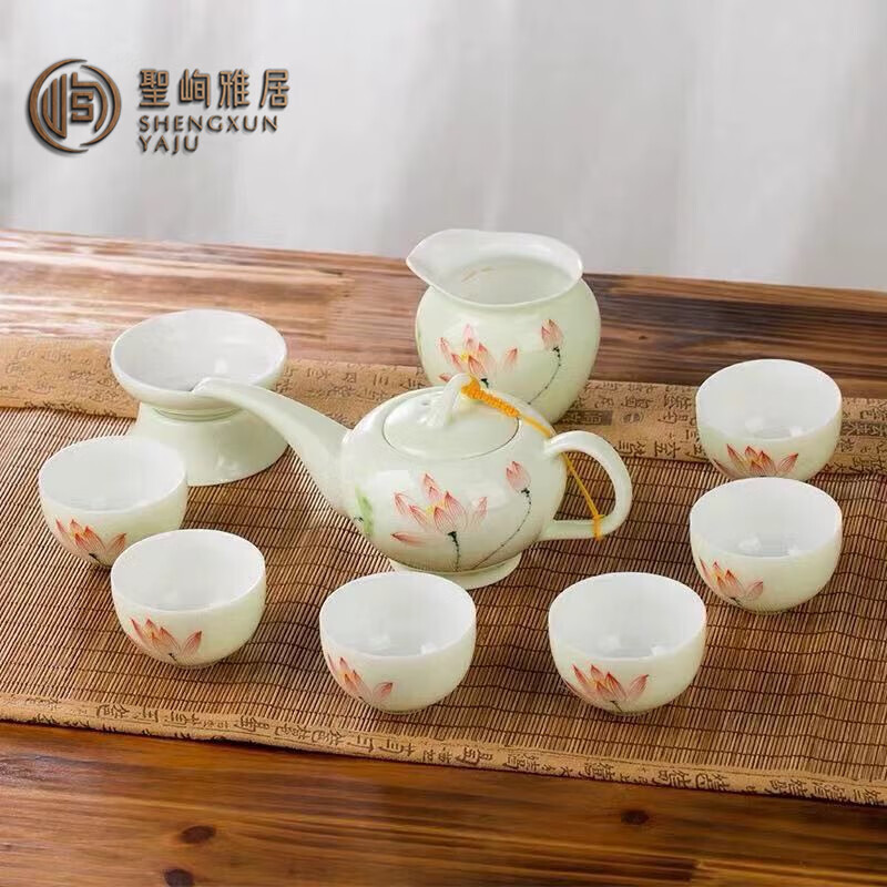 聖峋雅居景德镇陶瓷茶具套装家用手绘荷花特色功夫茶杯泡茶壶一套小
