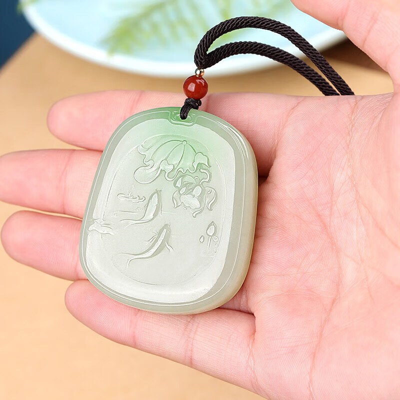 昆仑御孤品大师工艺和田玉翠青百年好合项坠连年有余玉挂件鸳鸯玉石