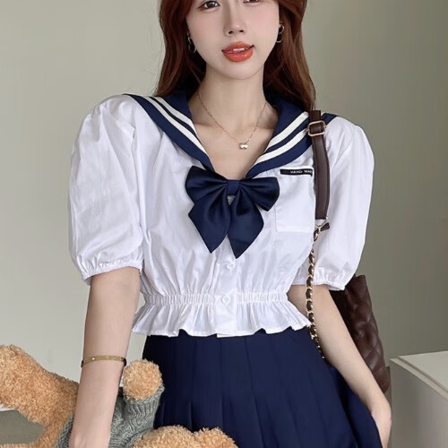 鹤舞清风海军领白色泡泡袖衬衫百褶短裙女夏季学院风小个子jk制服两件