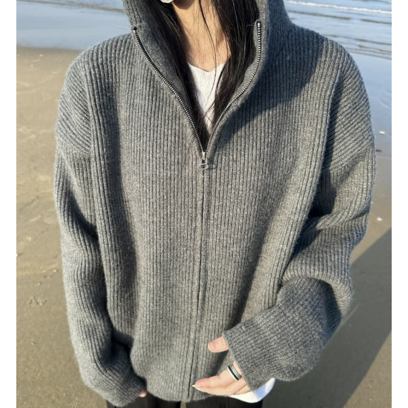 POUM毛衣男女开衫针织秋冬季宽松慵懒风连帽双拉链设计线衣保暖外套男 BNGYL-U80灰色 常规 L 京东折扣/优惠券