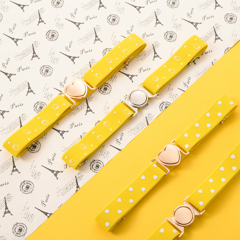 缇彩娜女童腰带有弹力橡皮筋装饰裙子腰饰小学生皮带女孩子裤带儿童幼儿 金线金爱心扣