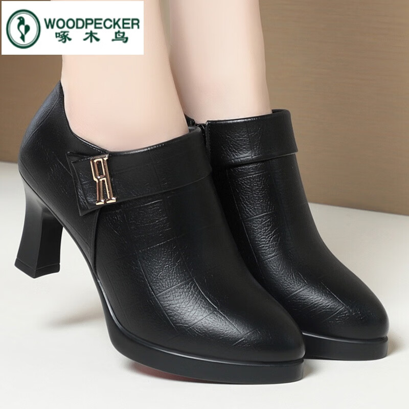 啄木鸟高跟鞋女细跟2024新款春秋女士单鞋妈妈鞋深口皮鞋软皮不易累脚