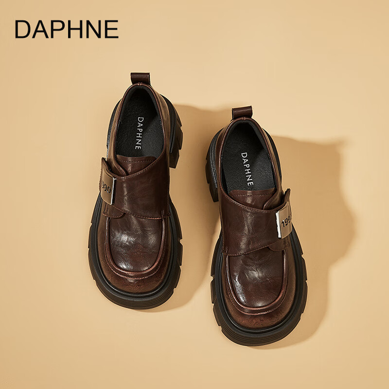 达芙妮厚底乐福鞋2026春季新款耐磨复古小皮鞋软底百搭英伦风增高单鞋 棕色 秋款上新 40