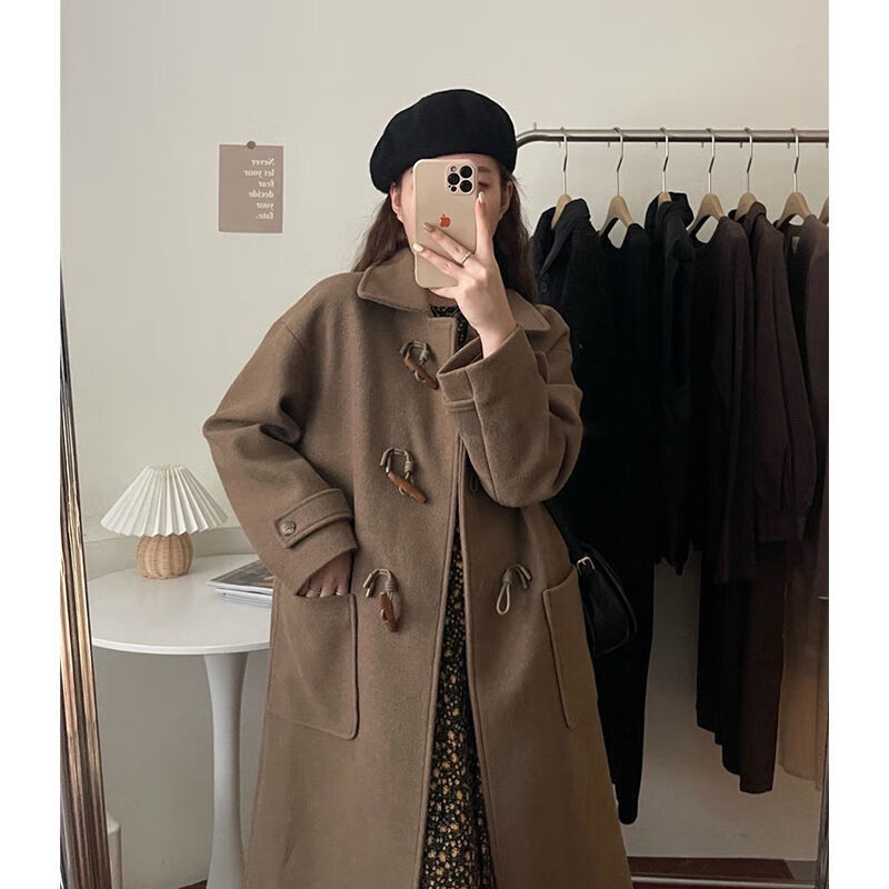 个子大衣女冬150牛角扣宽松毛呢外套2023年秋新款呢子加厚中长 高级棕