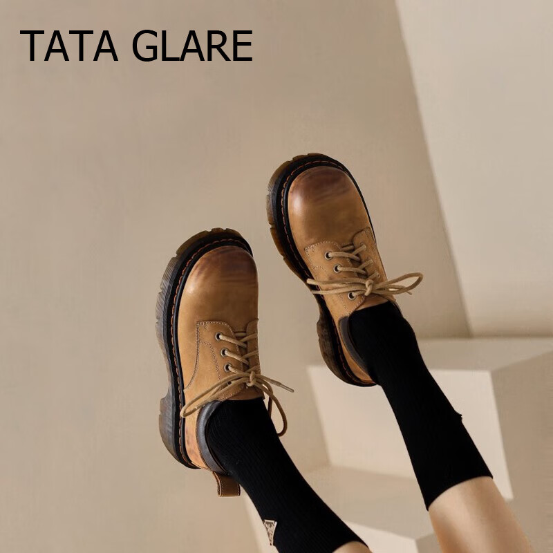 tata  glare底松糕单鞋女春秋新款系带休闲英伦风乐福鞋 沙色 34