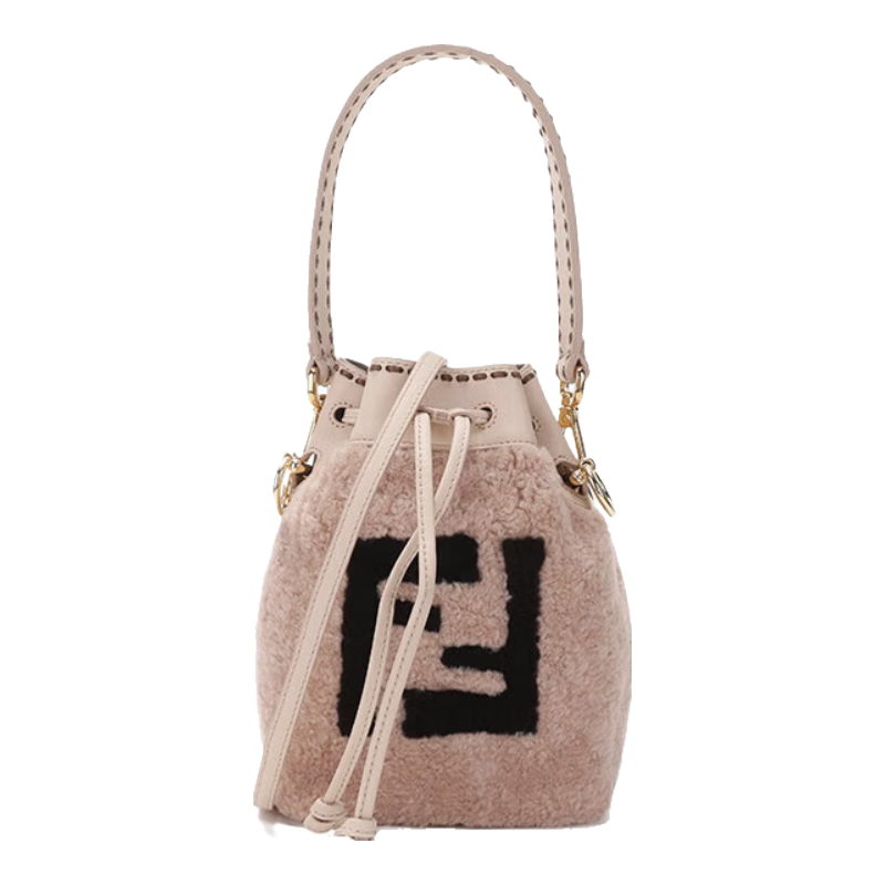 芬迪（FENDI）女士手提单肩斜挎包抽绳包水桶包迷你款女包礼物女 8BS010 AHVU F1FNJ 浅粉色黑色FF图案
