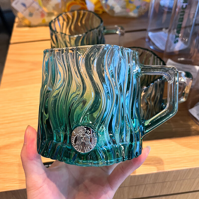 星巴克（Starbucks）玻璃杯韓國(guó)藤編帶把手漸變透明大容量杯子男女咖啡水杯送禮 薄荷綠浮雕玻璃杯 425ml PC 1000ml