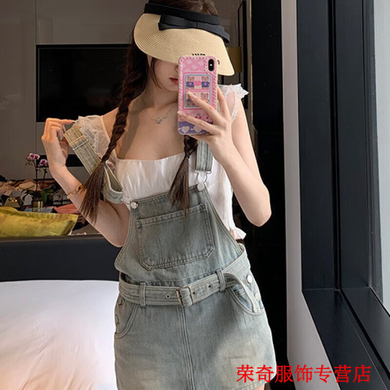 嫻槐你家辣辣  港島嫩妹/夏季收腰包臀連衣裙減齡牛仔背帶裙褲 小飛袖上衣+牛仔背帶褲裙-小個(gè)子女牛仔褲 M-小個(gè)子女牛仔褲