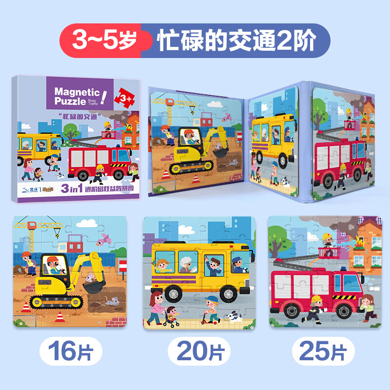 酷樂丁兒童工程車磁力拼圖玩具挖掘機(jī)男孩3到6歲早教幼兒園磁性平圖 【3合1磁性拼圖】交通工具共61塊