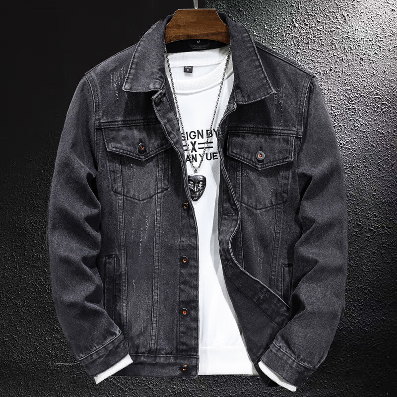 Prato Lee男士牛仔外套男春秋款牛仔夹克男秋季男装潮流秋装男休闲上衣男款 黑色 XL