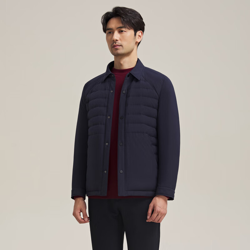 MAYOR男装 秋冬翻领衬衫款鹅绒羽绒服蓬松保暖轻便羽绒服 藏青 L (175/96A)