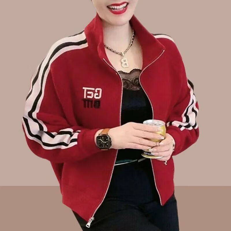 乔骏晟加绒加厚拼色拉链外套女棒球服百搭立领开衫卫衣女士上衣 红a