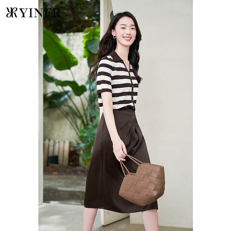 YINER音儿专选秋季女装【天丝系列】莱赛尔撞色条纹毛针织衫 深咖 M 38 京东折扣/优惠券