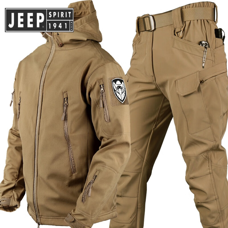 JEEP SPIRIT鲨鱼皮冲锋上衣裤套装男女加厚防水户外战术冲锋.衣三合一登山 上衣+裤子【卡其色】 加绒 2XL