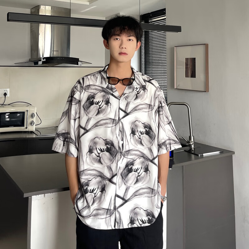 深海骏马潮流休闲印花衬衫夏季短袖宽松青春男衬衣 黑色 m