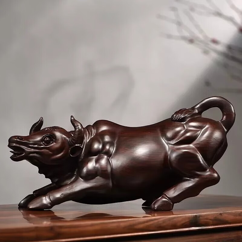 贤净木雕牛摆件十二生肖家居装饰客厅开业木质工艺礼品 檀木色 斗牛长