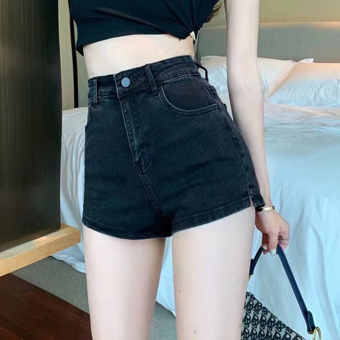 裤脚开叉高腰弹力浅蓝色牛仔短裤女夏季韩版百搭显瘦外穿阔腿 黑色 XS