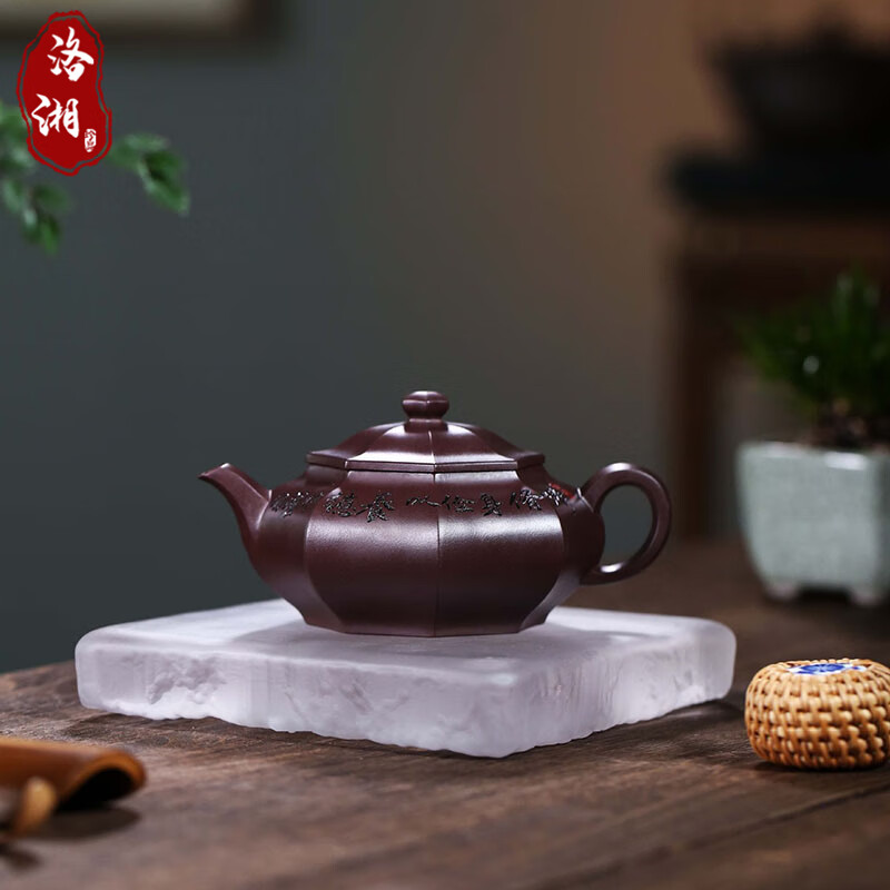 洛湘宜兴紫砂壶名家李卢春纯手工原矿一百目紫茄泥泡茶壶易包浆八方壶