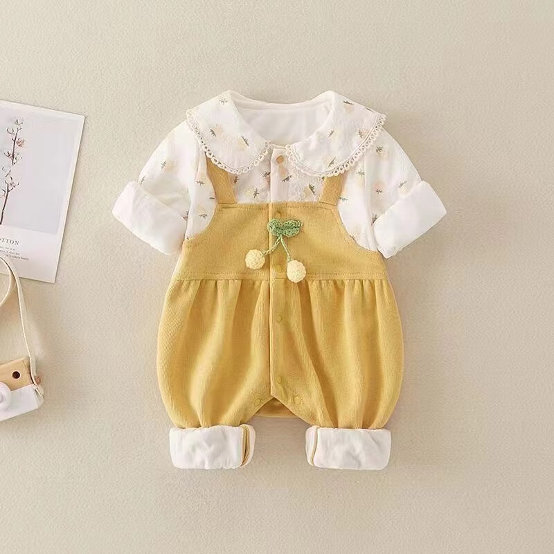 梦怡棠婴儿0-6个月服装薄款公主风爬服卡通连体衣洋气可爱外出春秋哈衣 黄色小草莓双层连体 80cm