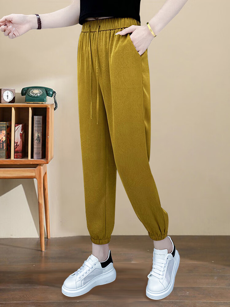 珍韵缘冰丝哈伦裤女2024夏季新款松紧腰醋酸褶皱宽松显瘦九分休闲裤