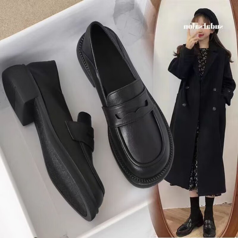 大东女士软底乐福鞋女2023春秋新款平底百搭单鞋女英伦风一脚蹬小皮鞋女鞋 黑色 38