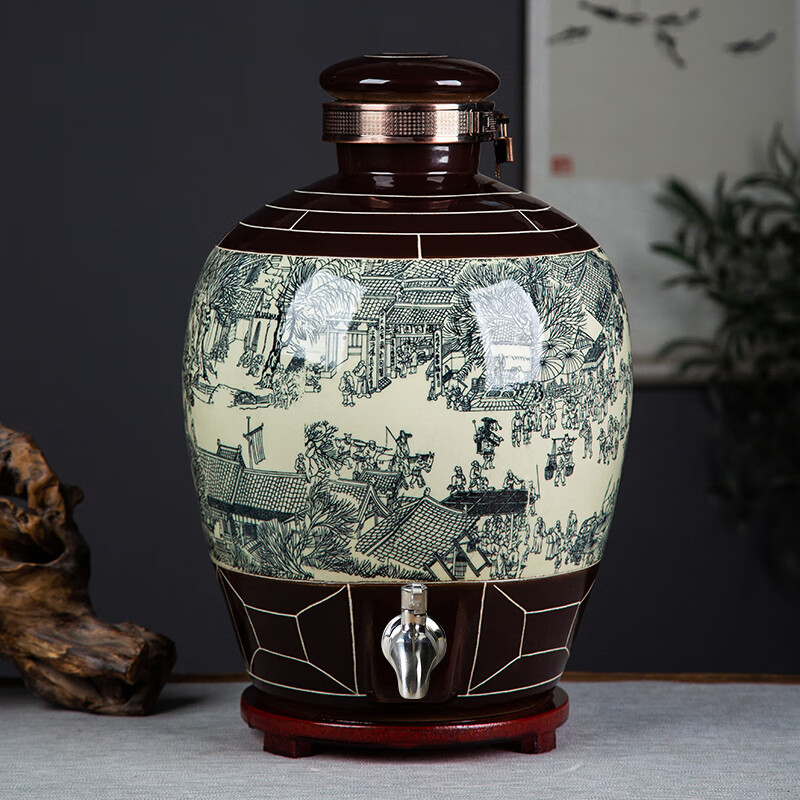 景德镇陶瓷酒坛子5/10/20/50斤装密封酒罐家用存泡酒专用空酒瓶缸 20斤棕清明上河图有孔+龙头底座