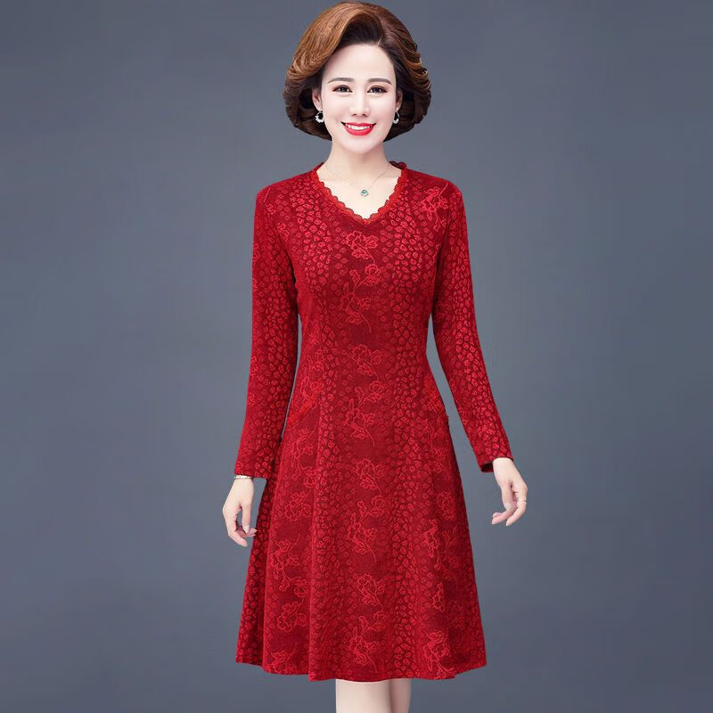 szvb喜婆婆婚宴时尚礼服冬季加厚加绒春秋新年喜庆连衣裙妈妈装婚女中