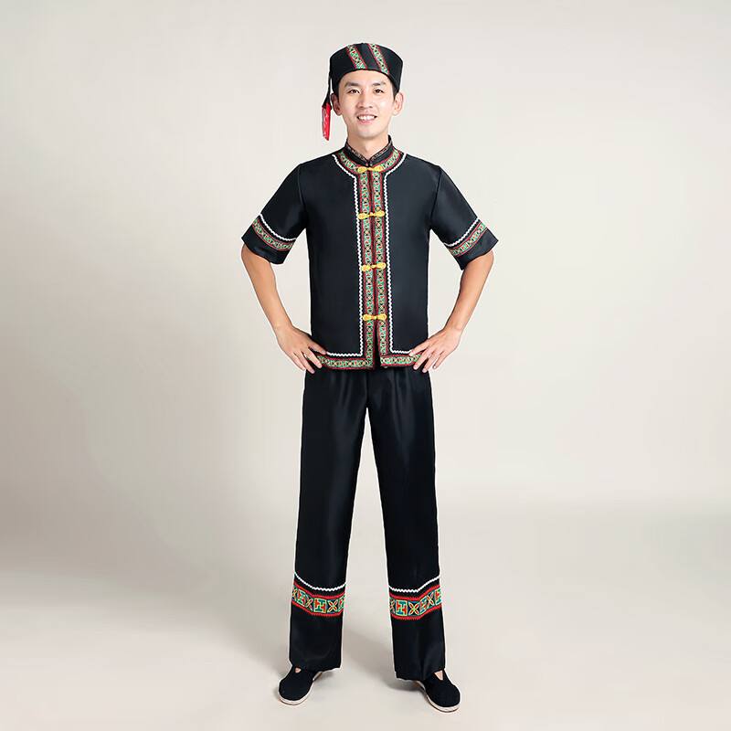 成人苗族演出服成人短袖民族风少数民族服装壮族彝族 黑色 190身高1