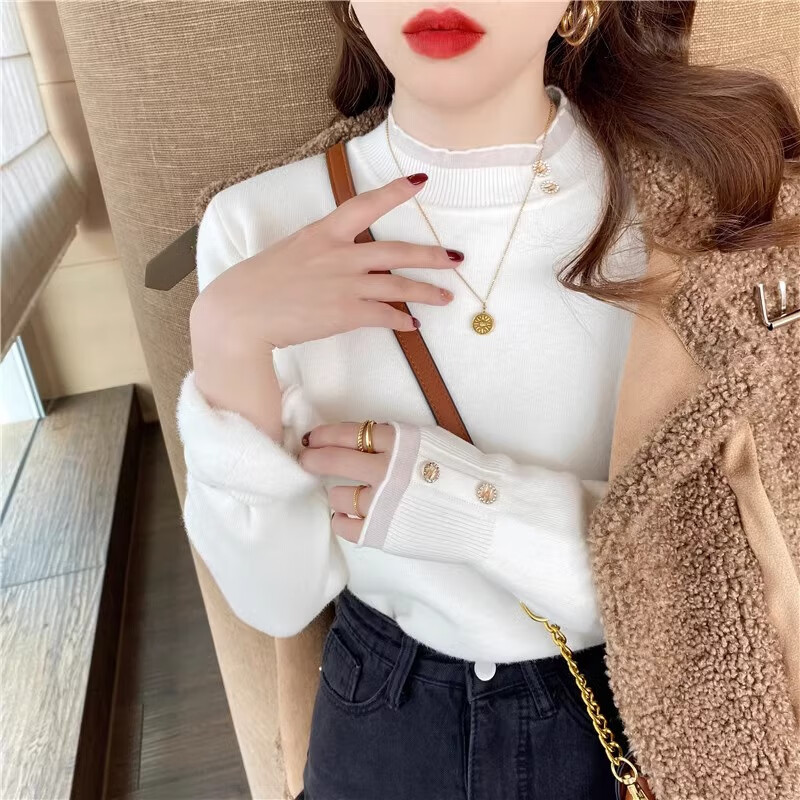 浪莎毛衣女冬季新款半高领蕾丝加绒打底衫小个子韩版修身显瘦保暖上衣 黑色【蕾丝闪钻-轻暖春秋款】 均码【推荐90-130斤】
