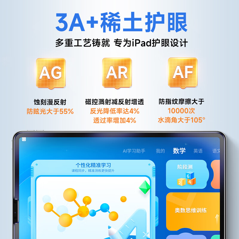 0度 适用iPad Pro钢化膜AR增透稀土防蓝光儿童护眼保护膜 Air5/4磨砂防指纹防眩光平板贴膜 2025/2024款新 iPad Pro 13英寸 AG+AF+AR增透-八防护眼钢化膜