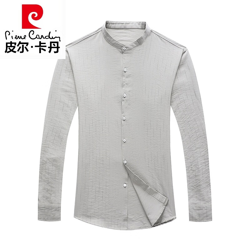 皮尔卡丹（pierre cardin）高档品牌冰丝休闲男士长袖衬衫春秋季上衣服免烫立领衬衣爸爸装 杏色 165