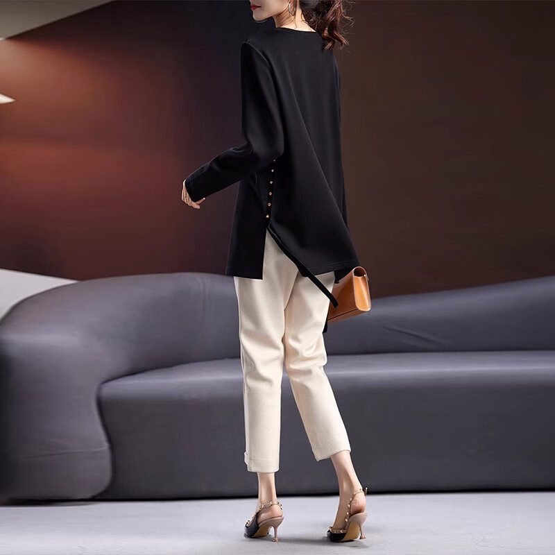 莎妮朵罗大码打底衫T恤女2025早春新款圆领上衣时尚休闲女装胖mm上衣20127 黑色 3XL建议150-170斤穿着