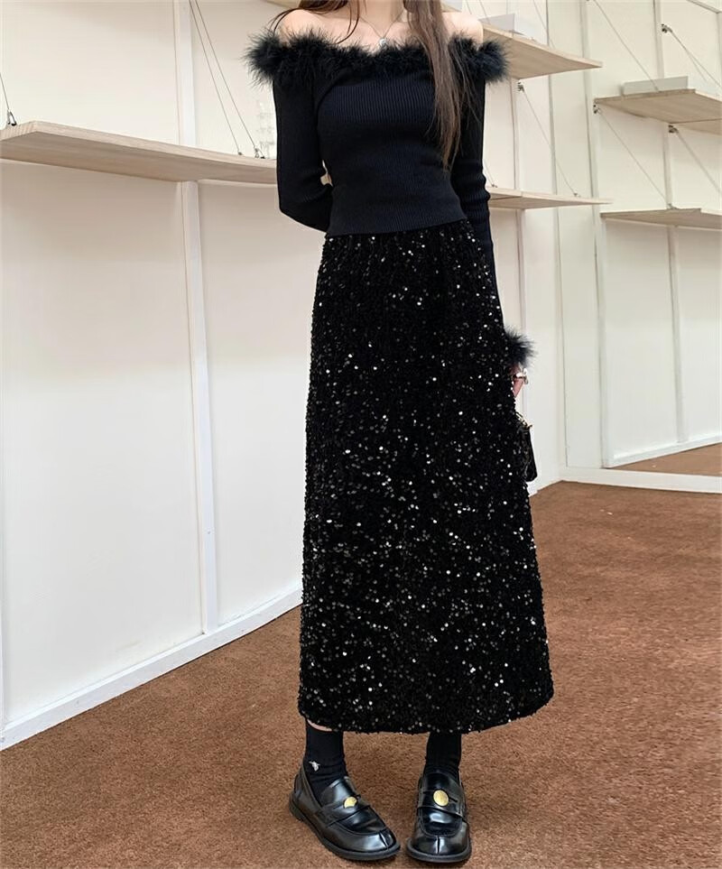 辅宾感黑色亮片半身裙女春季复古丝绒字裙气质开叉包臀中长裙子 黑色