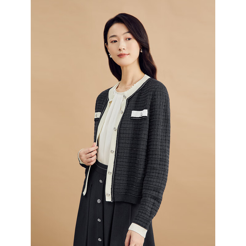 YINER音儿专选秋季女装羊毛混纺优雅撞色亮丝小香风针织开衫 烟灰 XL 42