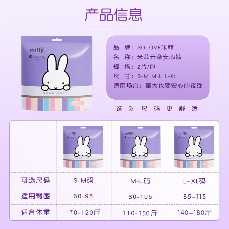 米菲Miffy安睡裤女经期用安心裤姨妈裤夜用拉拉裤大码安全裤型卫生巾 M-L码 2条 100-140斤 3包6条