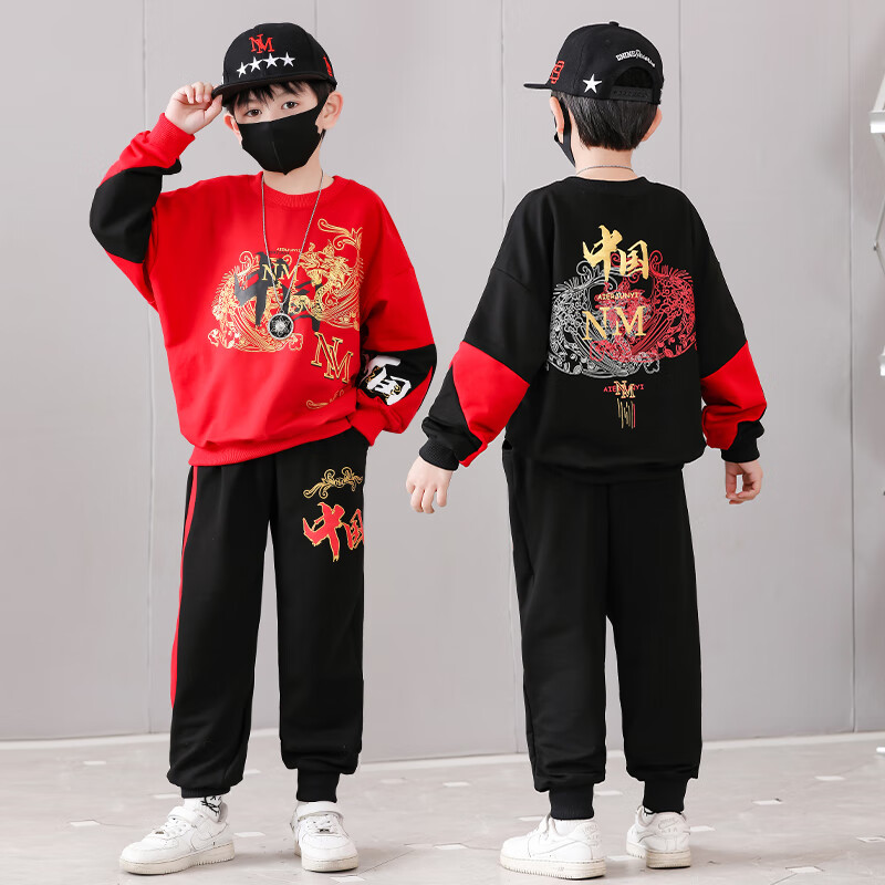 宇龙童话童装男童套装春秋装儿童中国风国潮红色男孩帅气运动秋款衣服 黑色春秋套装（衣服裤子） 170