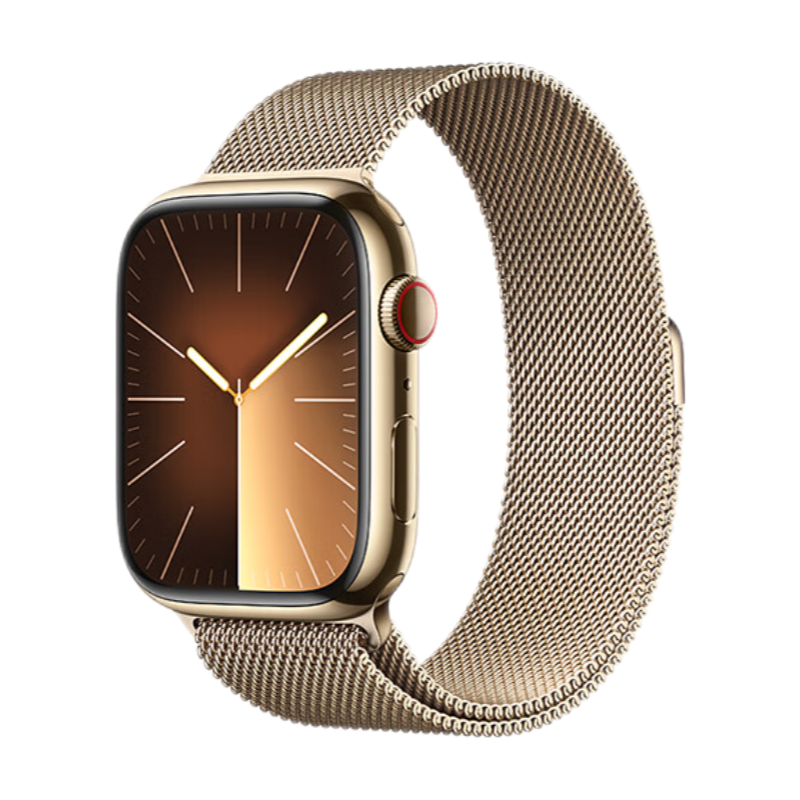 Apple Watch Series 9 智能手表GPS + 蜂窝款45毫米金色不锈钢表壳金色米兰尼斯表带 电话手表MRPM3CH/A