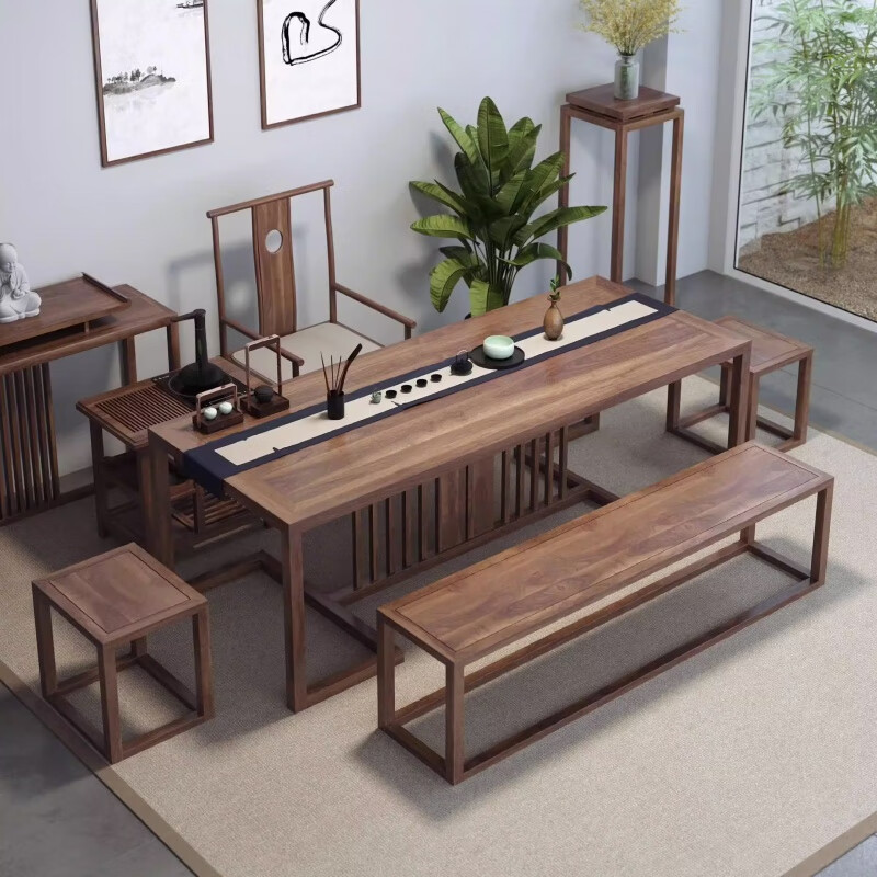 诗亭坊榆木茶桌北方老榆木茶桌原木大板桌客厅功夫茶几桌新中式办公室