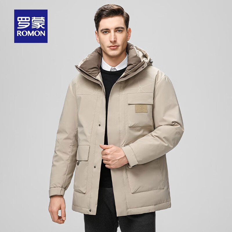 罗蒙鹅绒羽绒服男冬季新款中青年时尚潮流连帽保暖外套  卡其 L 175（建议115-130斤）