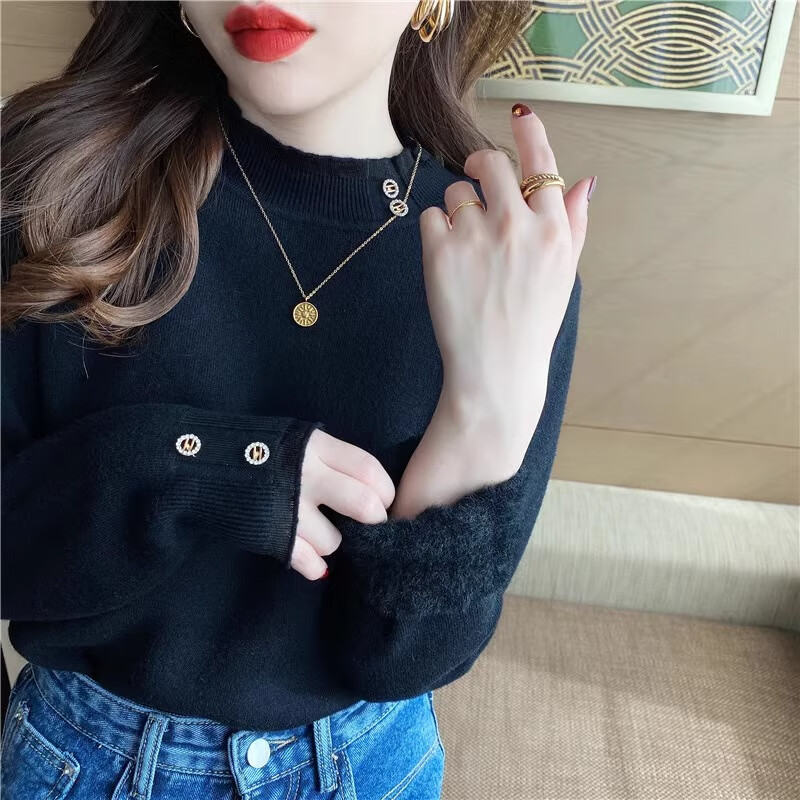 浪莎毛衣女冬季新款半高领蕾丝加绒打底衫小个子韩版修身显瘦保暖上衣 黑色【蕾丝闪钻-轻暖春秋款】 均码【推荐90-130斤】
