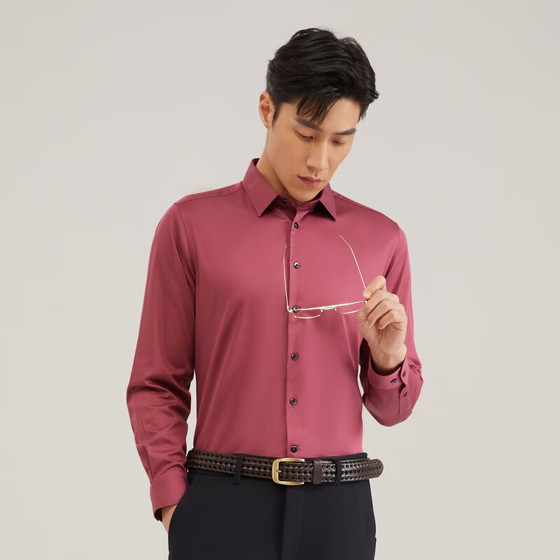 雅戈尔衬衫男【DP免烫棉弹】易打理春季纯色长袖衬衫商务不易皱衬衣官方 红色GLDD100217MFY 44
