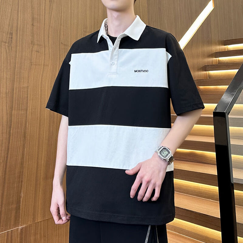 新款mmptp美式短袖polo衫宽松拼接撞色百 黑色 m对照主图尺码表再下单