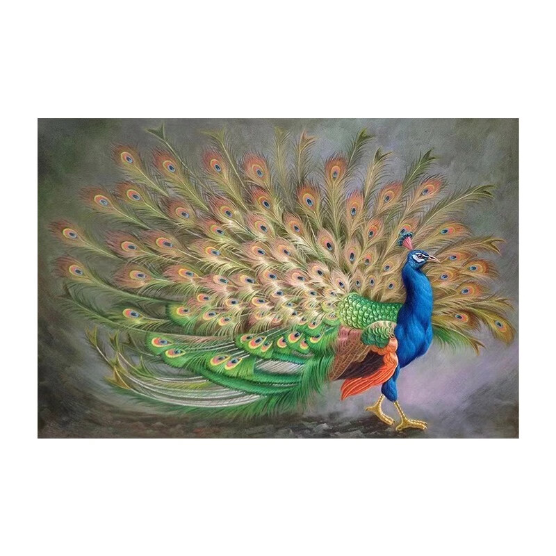 米聆 新中式横版孔雀开屏手绘油画客厅沙发背景墙装饰壁画入户玄关挂