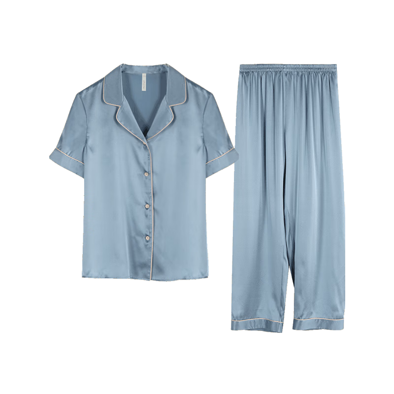 金三塔真絲睡衣女100%桑蠶絲外穿絲滑親膚兩件套睡褲居家服中秋禮物 短長(cháng)褲慕尼黑藍 2XL