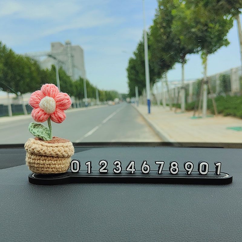 移车电话牌创意车内装饰可爱车载饰品摆件 泡芙盆栽-镶钻停车卡[立体]