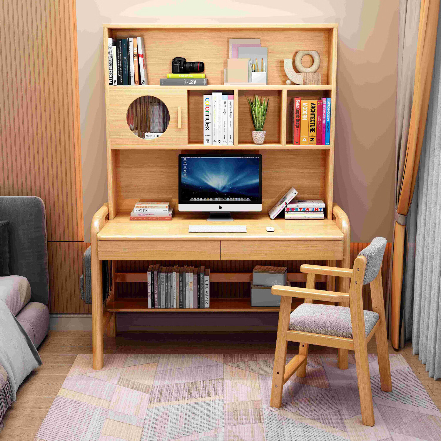 亚趣全实木带书架电脑桌家用卧室书房加高加宽办公电脑桌实木写字桌