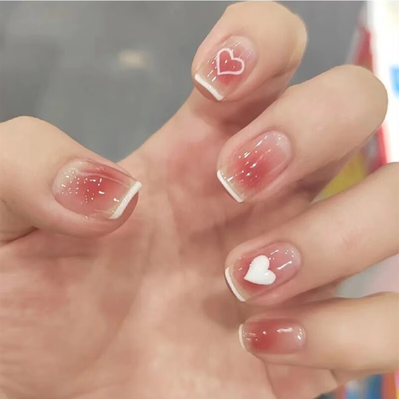 MAYCHEER穿戴甲短款純欲法式簡約腮紅愛心學(xué)生冰透美甲指甲貼片可反復(fù)使用 3ml 粉紅色 短款法式愛心