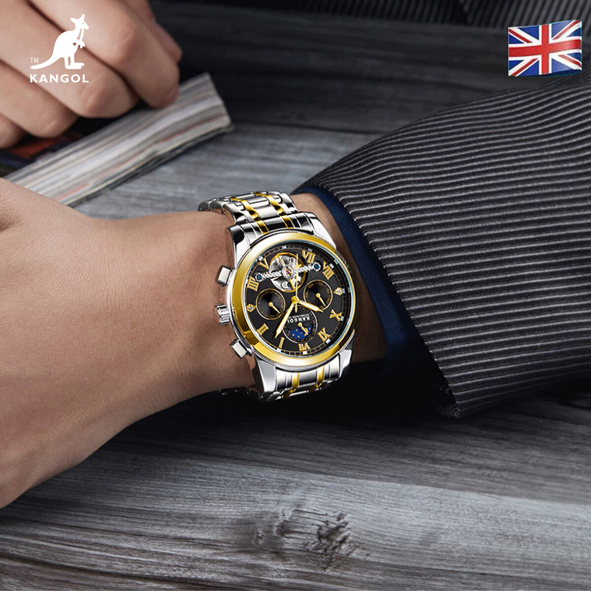 kangol男士手表全自动机械镂空陀飞轮三眼六针日月星辰送男朋友礼物k