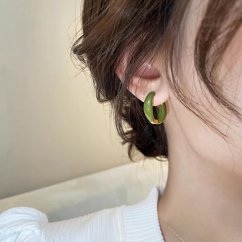伊黛儿耳环女耳圈耳扣高级感耳钉小众设计轻奢2024年新款潮圆圈耳饰 B8X502绿色