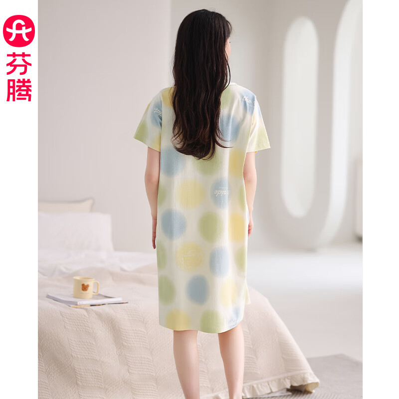 芬腾纯棉睡衣女春夏季新款短袖中裙时尚甜美大码宽松家居服睡裙夏 FX25290106浅杏 M 建议:90-110斤